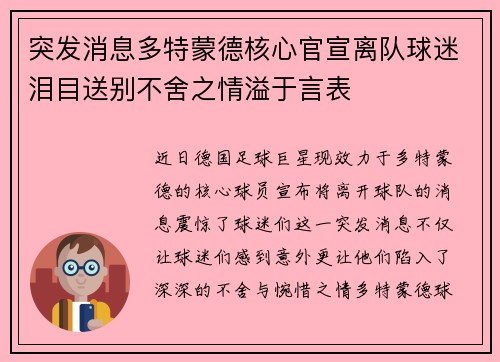 突发消息多特蒙德核心官宣离队球迷泪目送别不舍之情溢于言表