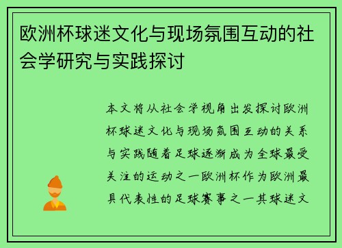 欧洲杯球迷文化与现场氛围互动的社会学研究与实践探讨